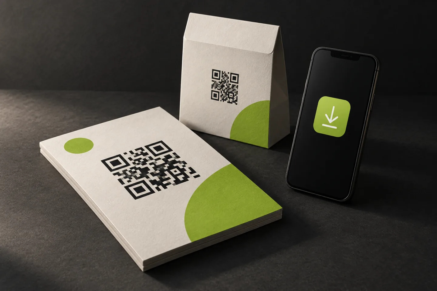 Illustration of app download QR codes on a flyer and packaging beside a smartphone.