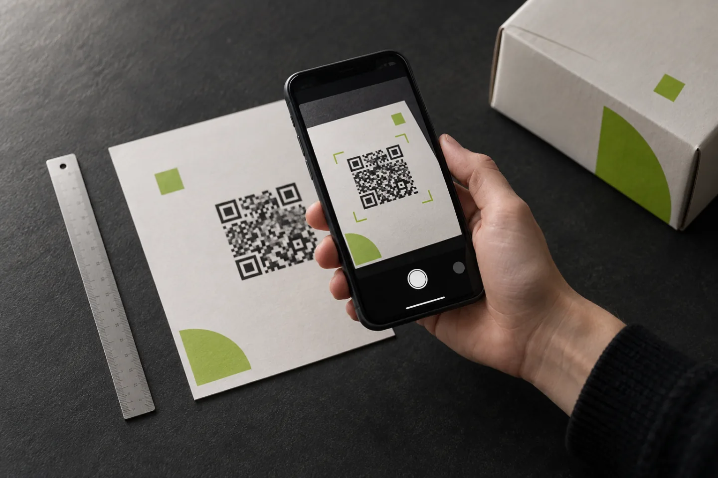 Illustration of a phone camera framing a printed QR code beside a ruler.