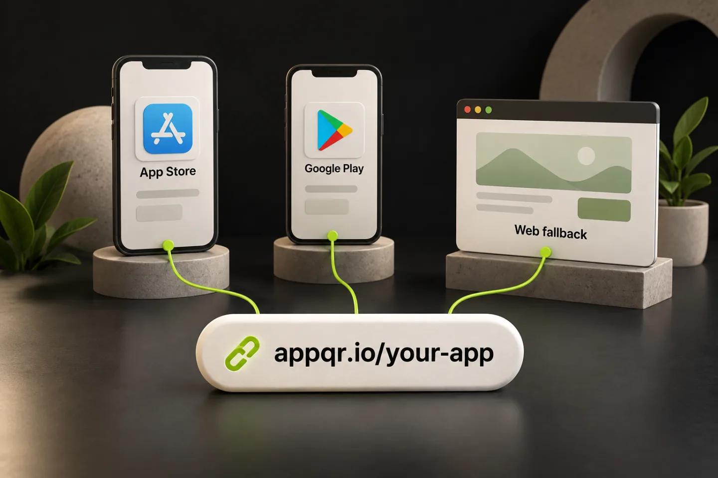 One appqr.io link connected to App Store and Google Play phones and a browser window labelled Web fallback.